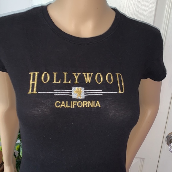 Hollywood California y2k Cap sleeve black skinny slim fitted T-shirt tunic top M - Picture 3 of 9